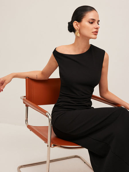 Printed Asymmetric Shoulder Slit Dress