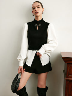2 in 1 Color Block Metal-Detail Knit  Top