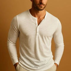 Men’s Long Sleeve Cotton Henley T Shirt with Buttoned Placket
