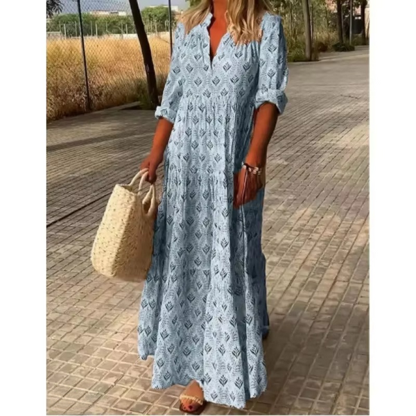 Plus Size Vintage-Inspired Summer Maxi Dress with Stand Collar and Long Sleeves