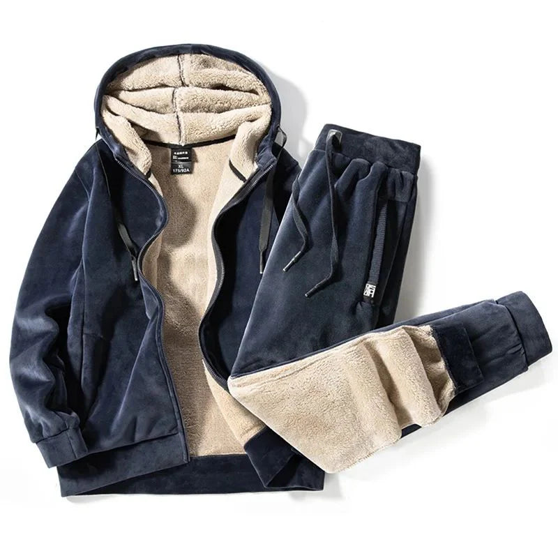 Men's Cashmere Fleece Tracksuit Set – Thick Hooded Jacket and Pants for Winter Warmth