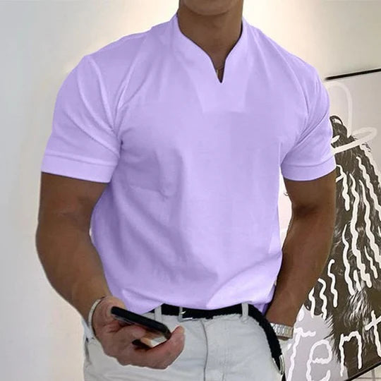 Men’s Summer V-Neck Short Sleeve T-Shirt - Elastic Cotton Athletic and Casual Fit