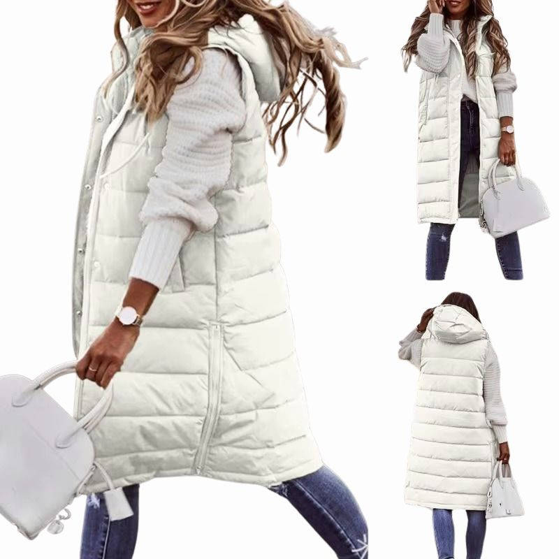 Long Hooded Sleeveless Puffer Vest