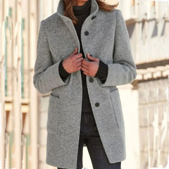 Wool Blend Coat with Round Neck and Button Front, Gray