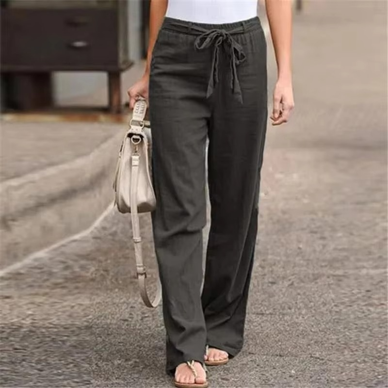 Women's Cotton Linen Wide Leg Pants with Elastic Waist