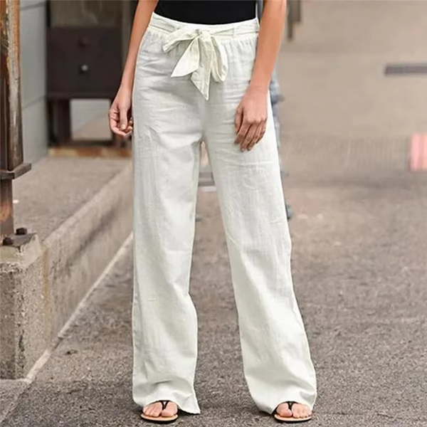 Women's Cotton Linen Wide Leg Pants with Elastic Waist