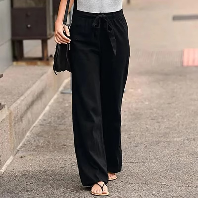 Women's Cotton Linen Wide Leg Pants with Elastic Waist