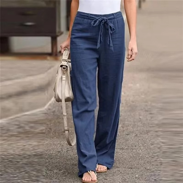 Women's Cotton Linen Wide Leg Pants with Elastic Waist