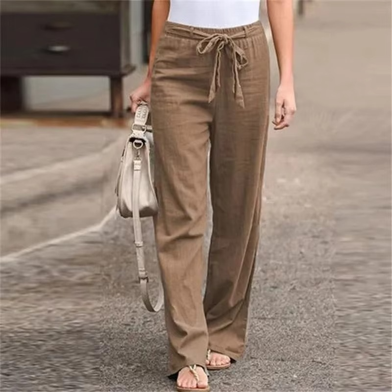 Women's Cotton Linen Wide Leg Pants with Elastic Waist