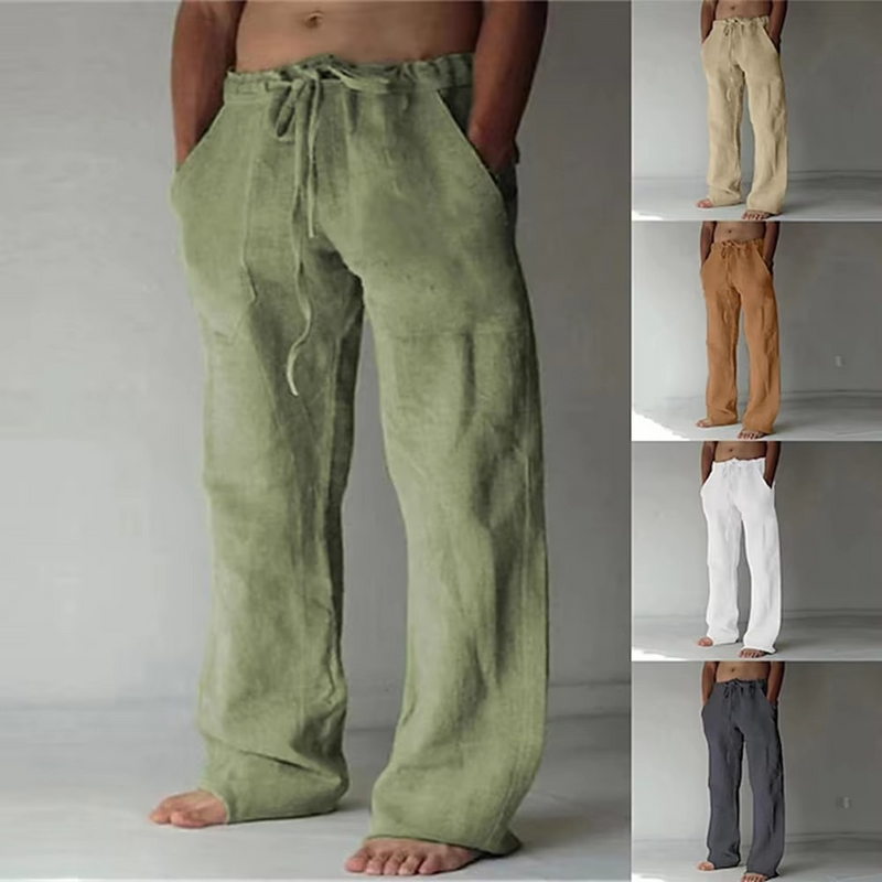 Men's Solid Color Drawstring Summer Pants, Lightweight Straight-Leg Casual Trousers