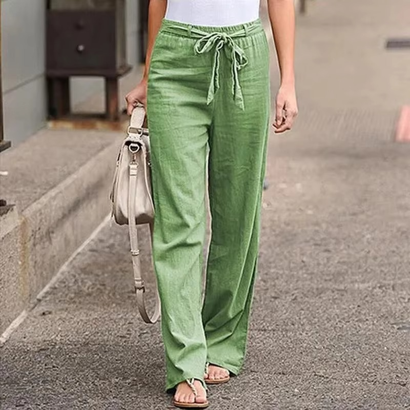 Women's Cotton Linen Wide Leg Pants with Elastic Waist