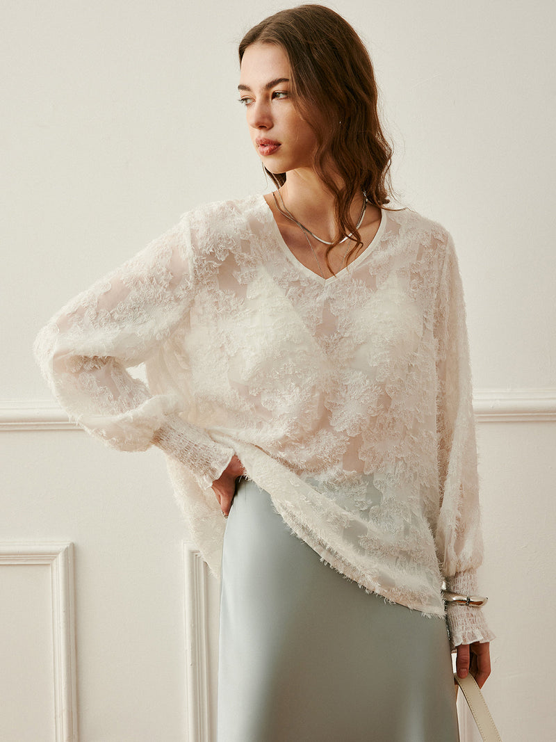V-Neck Lantern Sleeve Embroidered Top