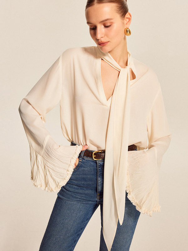 Bow Tie Pleated Cuff Chiffon Blouse
