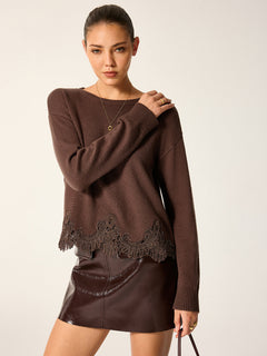 Long Sleeve Knit Sweater with Lace Hem and Medium Stretch