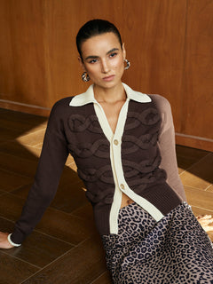 Cable Knit Cardigan with Contrast Collar and High Stretch