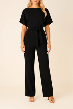 Elegant Women’s Wide Leg Belted Jumpsuit with Short Sleeves