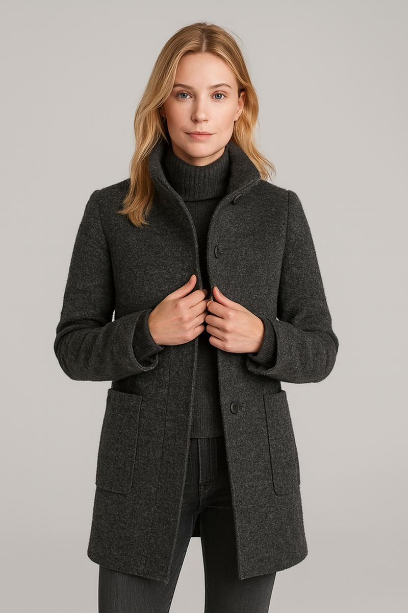 Spring 2025 Women’s Cotton Coat Black Stand Collar Casual Long Sleeve with Button Pockets