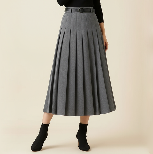 Women's Pleated Midi Skirt High Waist A Line with Belt