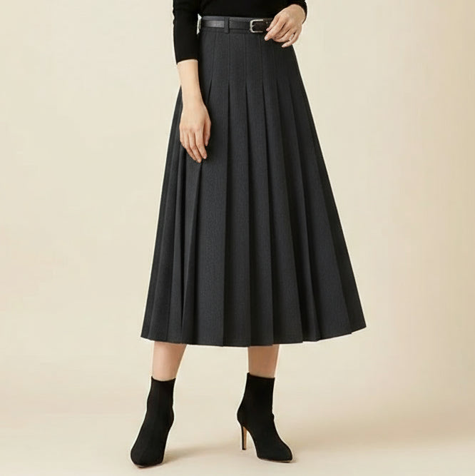 Women's Pleated Midi Skirt High Waist A Line with Belt