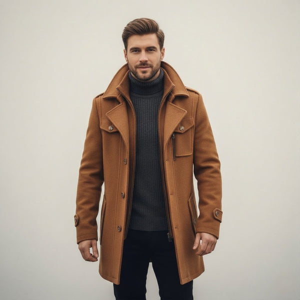 Men’s Mid-Length Wool Trench Coat, Double Collar Zipper Overcoat for Fall and Winter