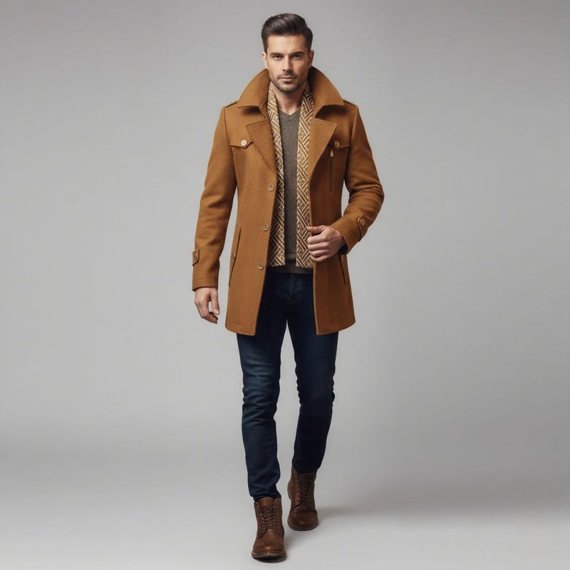 Men's Mid-Length Wool Blend Winter Coat with Scarf Collar, Padded Warm Overcoat M–5XL