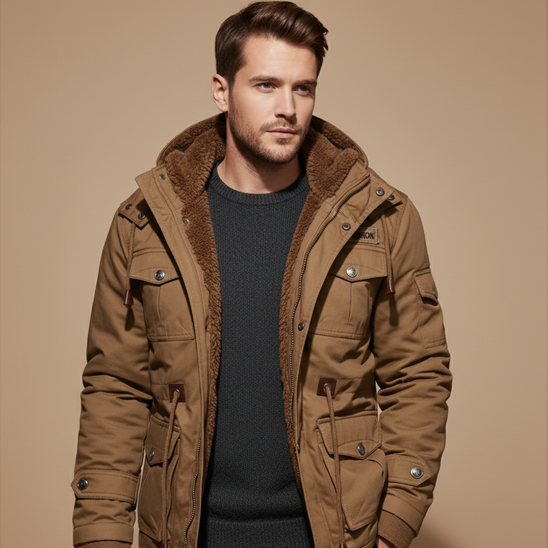 Men's Fleece Lined Hooded Cargo Jacket for Winter Outdoor Comfort