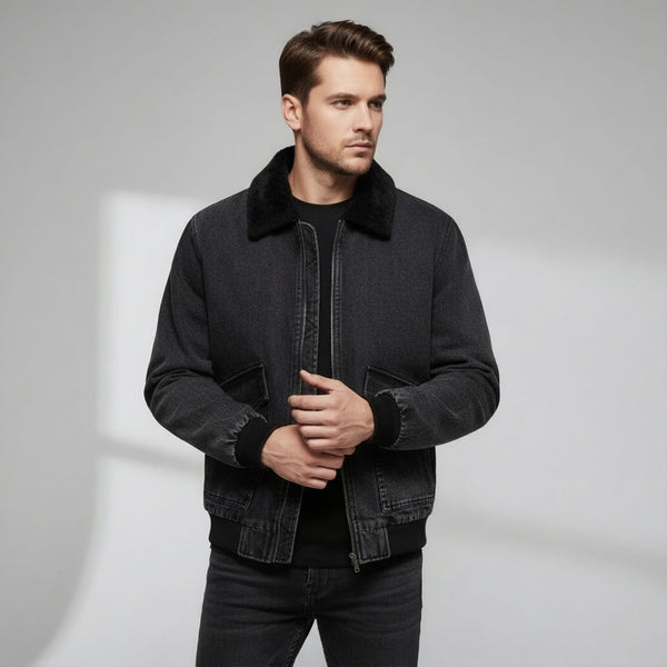 Men's Fleece Lined Denim Jacket with Faux Fur Collar