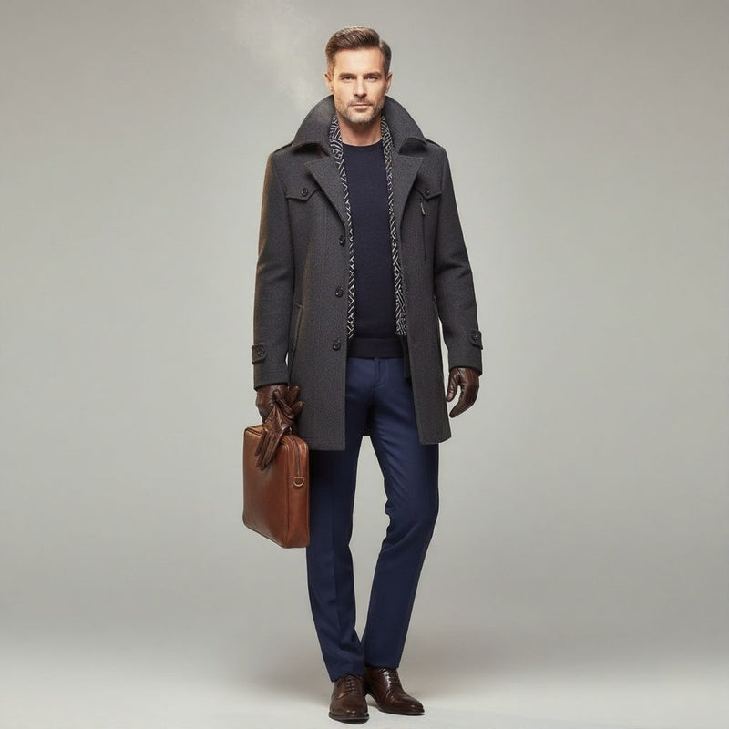 Men's Mid-Length Wool Blend Winter Coat with Scarf Collar, Padded Warm Overcoat M–5XL