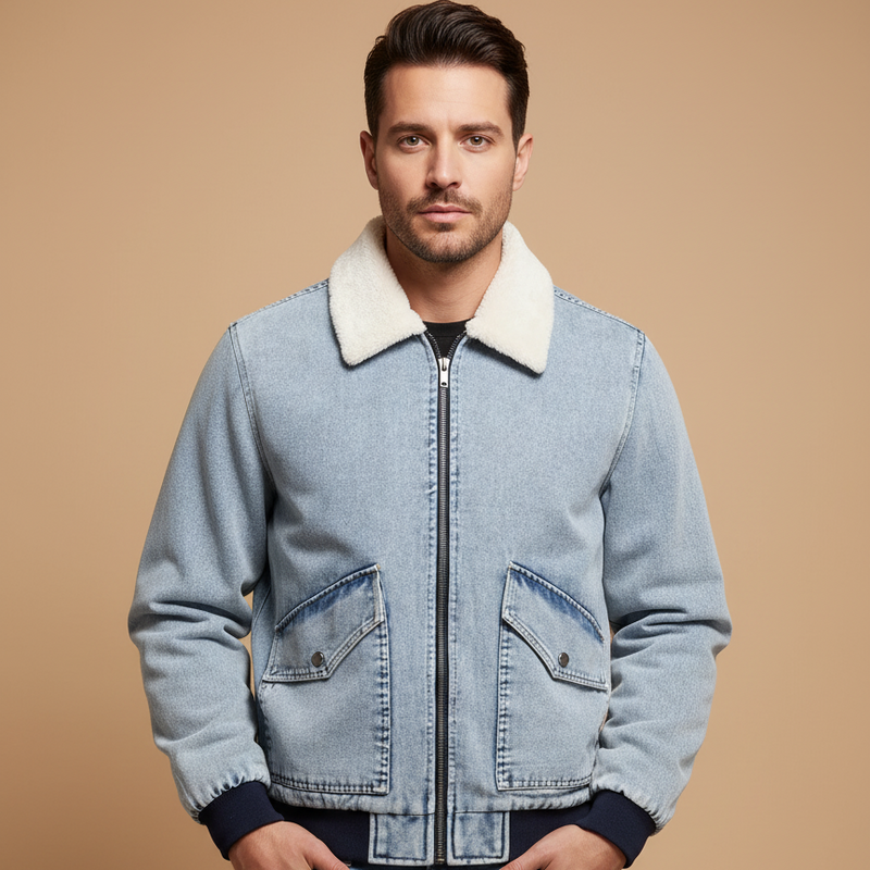Men's Fleece Lined Denim Jacket with Faux Fur Collar