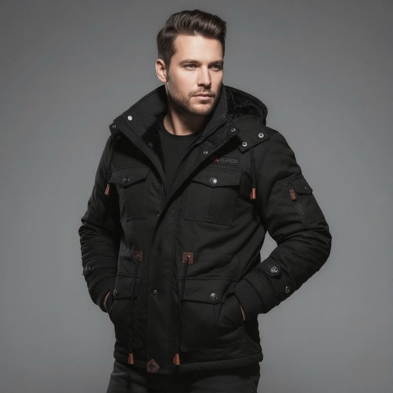 Men's Fleece Lined Hooded Cargo Jacket for Winter Outdoor Comfort