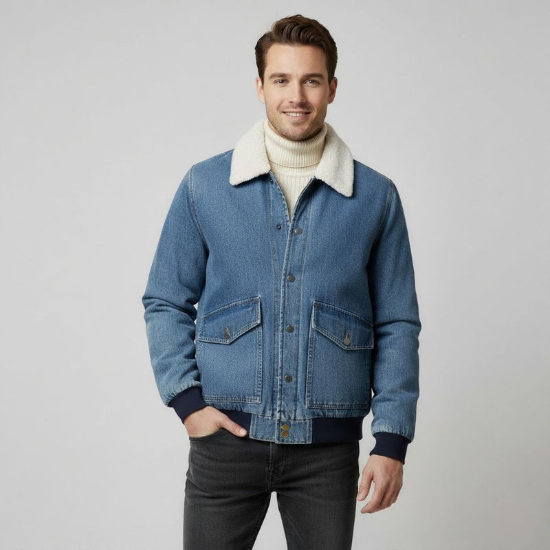 Men's Fleece Lined Denim Jacket with Faux Fur Collar