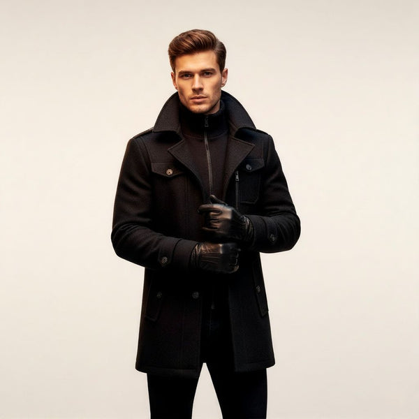 Men’s Mid-Length Wool Trench Coat, Double Collar Zipper Overcoat for Fall and Winter