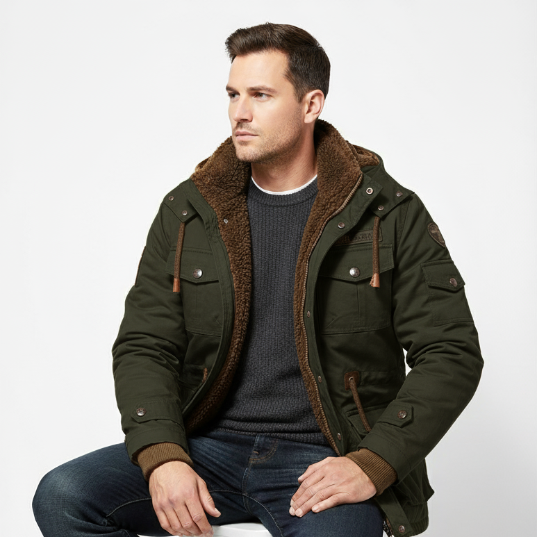 Men's Fleece Lined Hooded Cargo Jacket for Winter Outdoor Comfort