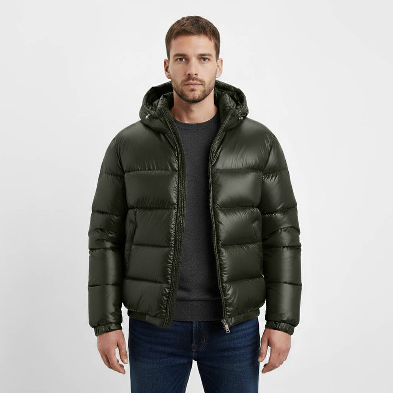 Mens Glossy Puffer Jacket with Hood