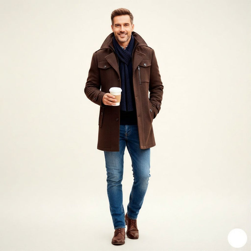 Men’s Mid-Length Wool Trench Coat, Double Collar Zipper Overcoat for Fall and Winter