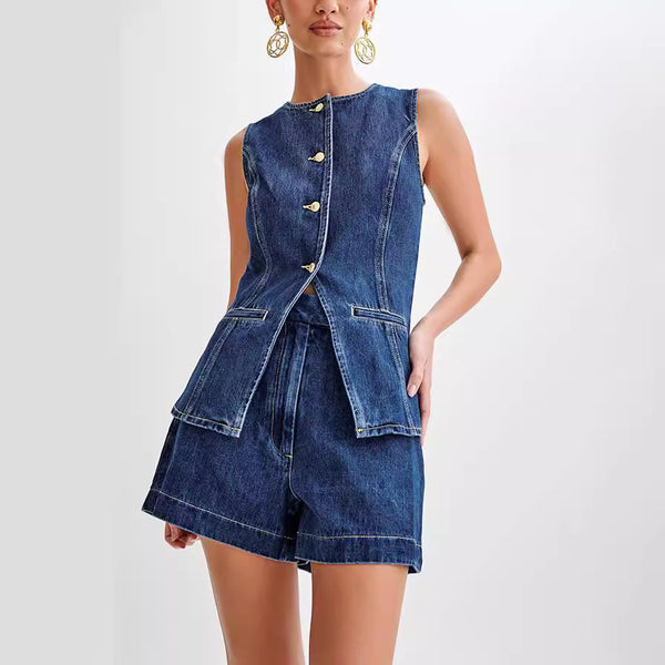 Ondine - Denim Vest and Shorts Set