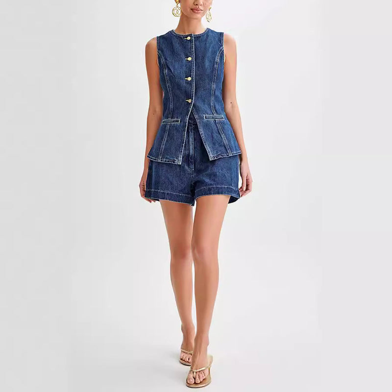 Ondine - Denim Vest and Shorts Set