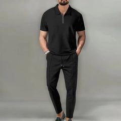 Men's Relaxed Waffle Polo Zip Set with Adjustable Pants