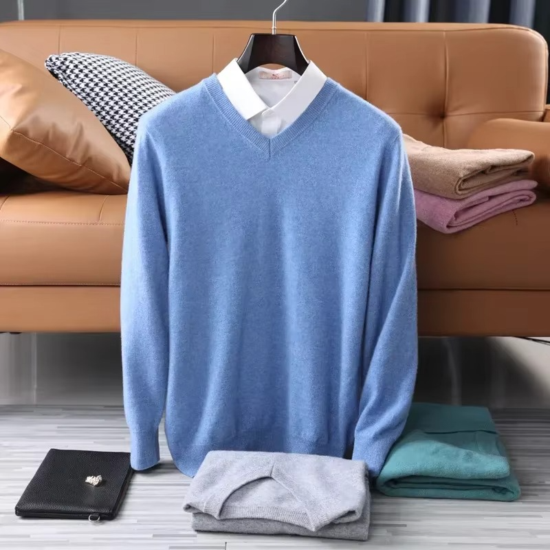 Men's V-Neck Wool Blend Sweater – Warm Knit Pullover, Winter Casual Fit, Sizes up to 5XL