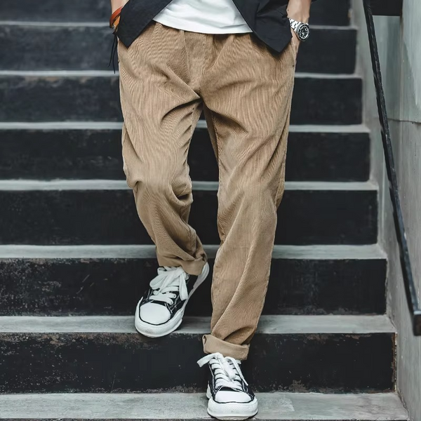 Men's Vintage Corduroy Pants, Straight-Leg Loose Fit Trousers with Elastic Waist and Pockets for Fall and Winter