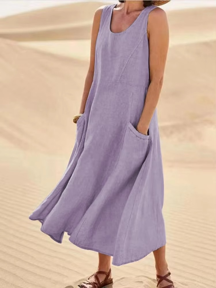 Women’s Cotton Linen Sleeveless Maxi Sundress with Pockets, Loose Fit Beachwear S-5XL