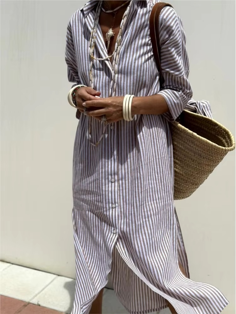 Elegant Striped Long Sleeve Shirt Dress for Women