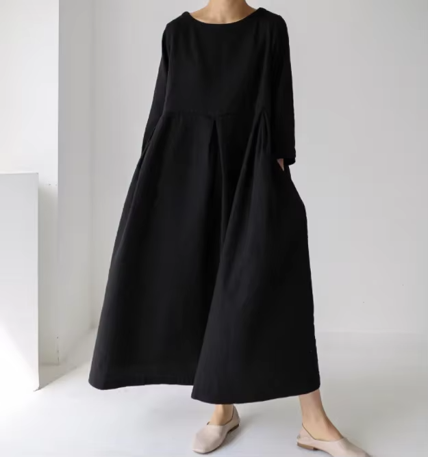 Plus Size Cotton Linen Maxi Dress For Women, Loose Fit Round Neck Pullover, Spring Summer 2024