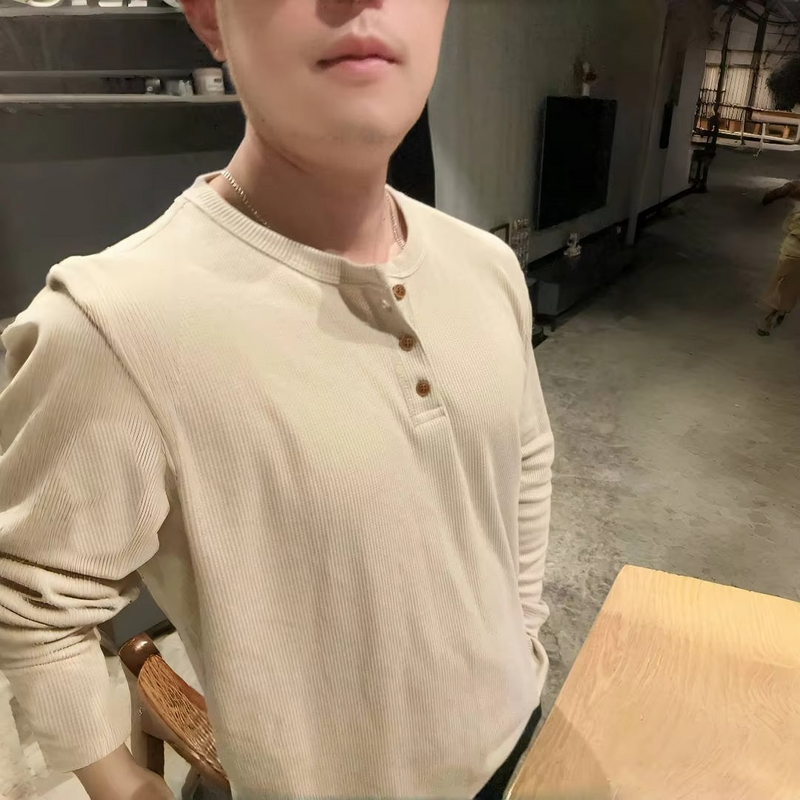 Slim Fit Men’s Henley Waffle Long Sleeve Cotton Tee