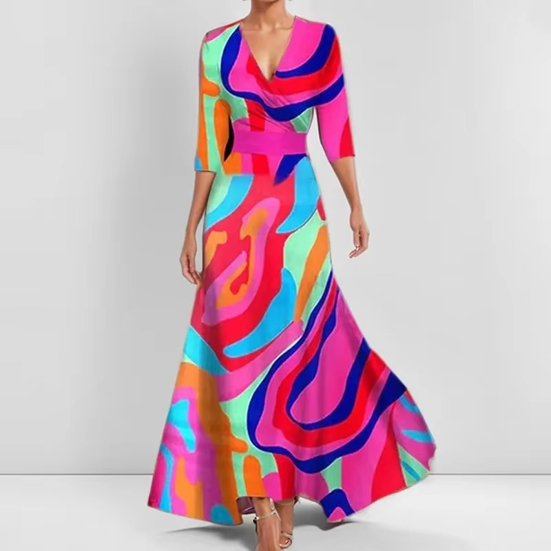 Elegant V Neck Long Printed Pleated Dress for Women