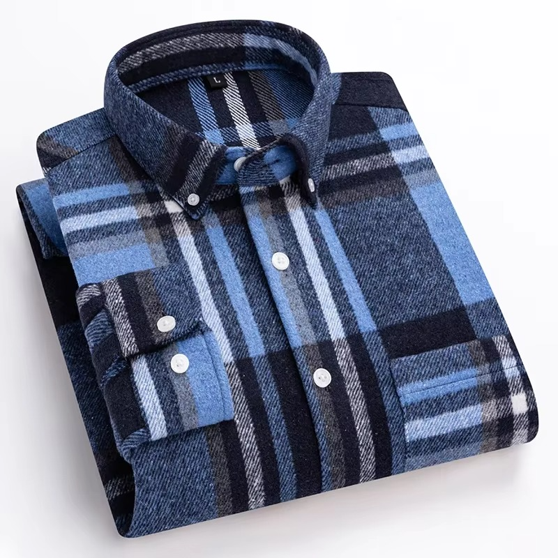 Men's Plus Size 7XL 100% Cotton Plaid Long Sleeve Shirt with Single Chest Pocket
