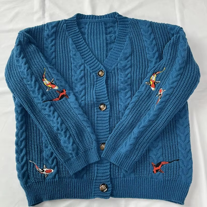 Autumn Red Maple Leaf Embroidered Knit Cardigan for Women