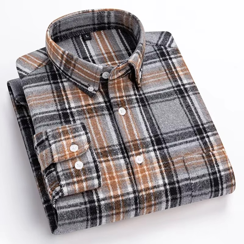 Men's Plus Size 7XL 100% Cotton Plaid Long Sleeve Shirt with Single Chest Pocket