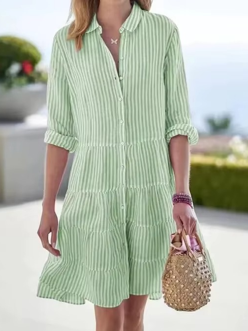 2025 Spring Oversized Striped Shirt Dress for Women with Turn-Down Collar and Long Sleeves