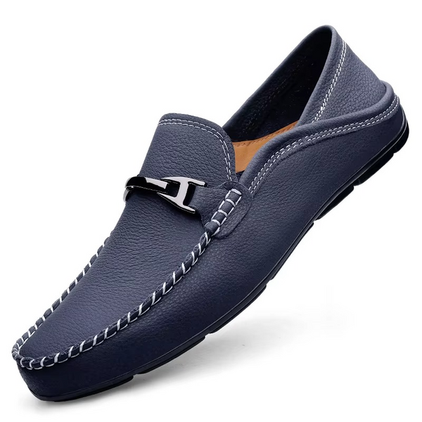 Men’s Genuine Leather Loafers with Metal Buckle, Soft Sole Business and Casual Driving Shoes